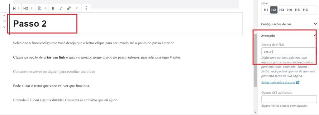 Como usar âncora no wordpress