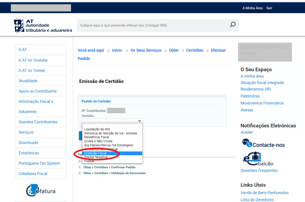 Solicitar certidão domicilio fiscal em Portugal